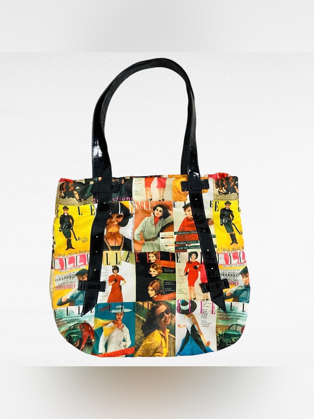 VINTAGE ELLE Tote Bag Magazine Retro Cover Girl Parten Leather Fabric Purse
